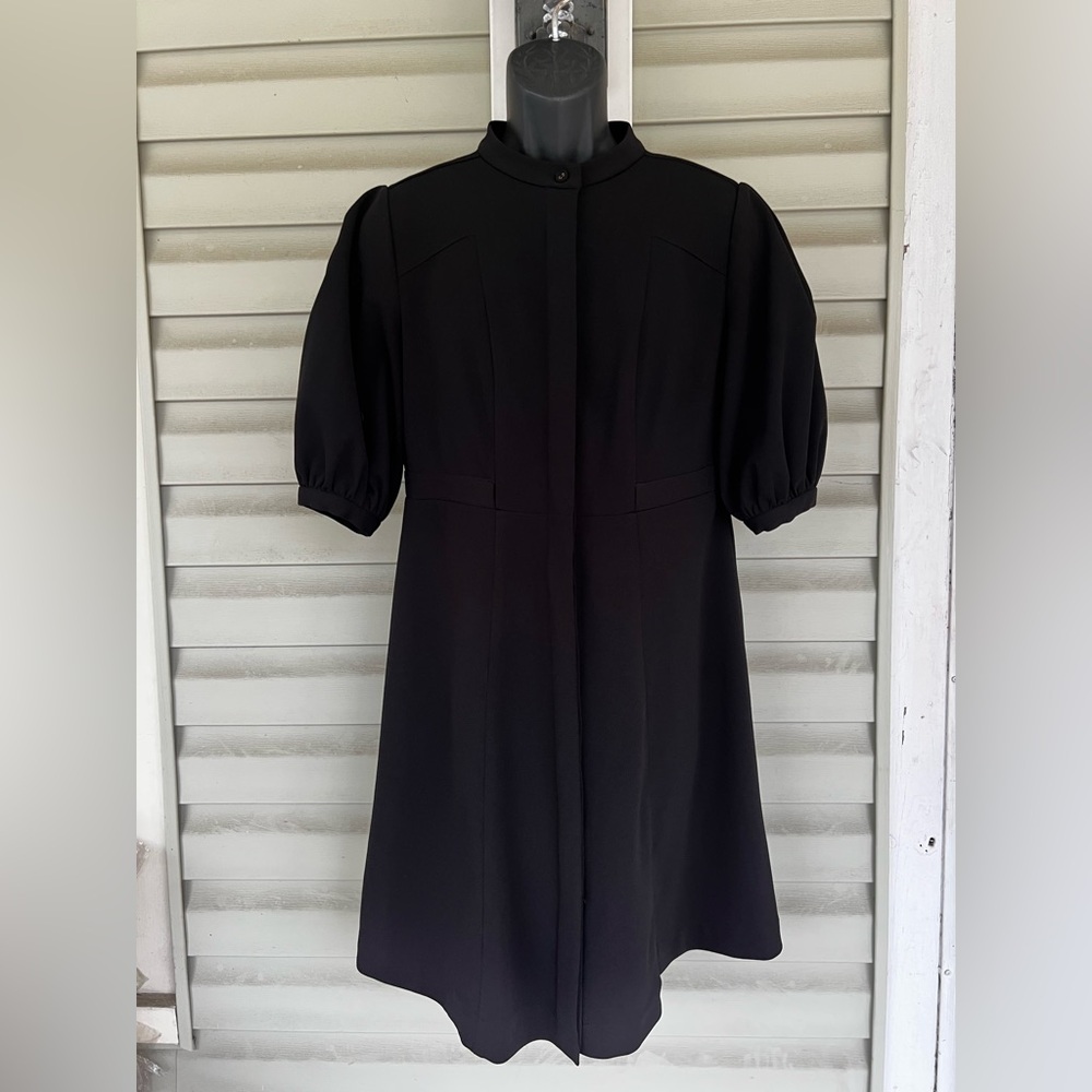 Calvin Klein Sz 8 Scuba Crepe Mock Neck Puff Sleeve Minimalist Black Dress